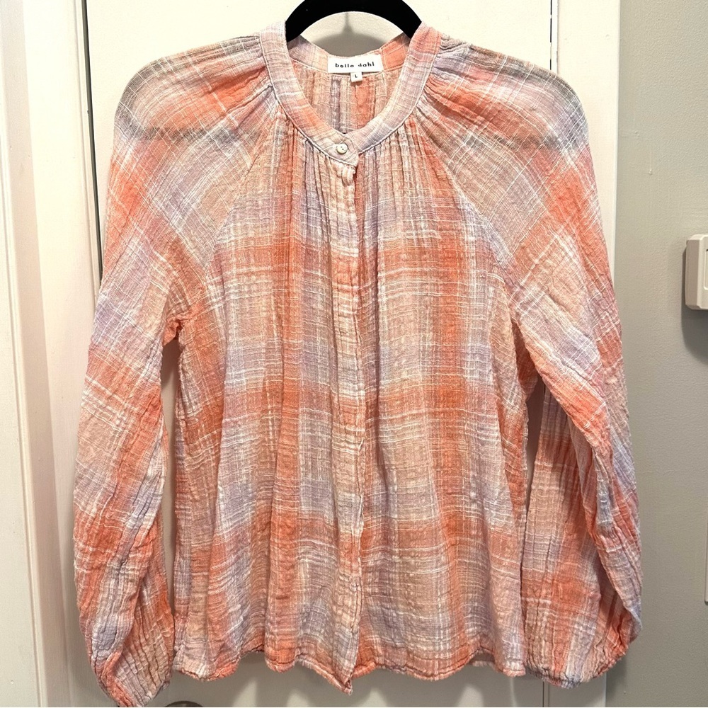 Bella Dahl Long Slv Shirred Raglan Shirt L Coral Plaid Cotton Gauze Crinkle Top